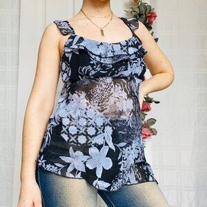 Vintage floral ruffle chiffon sheer tank top